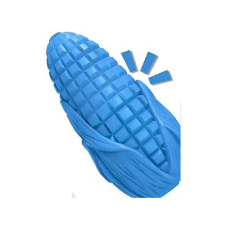 Blue and yellow corn-shaped dog chew toy for aggressive chewers with surface texture grooves
