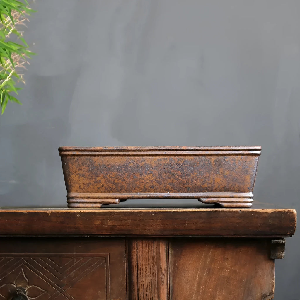Purple sand rectangular bonsai pot with five-line basin design for pine or cypress trees.