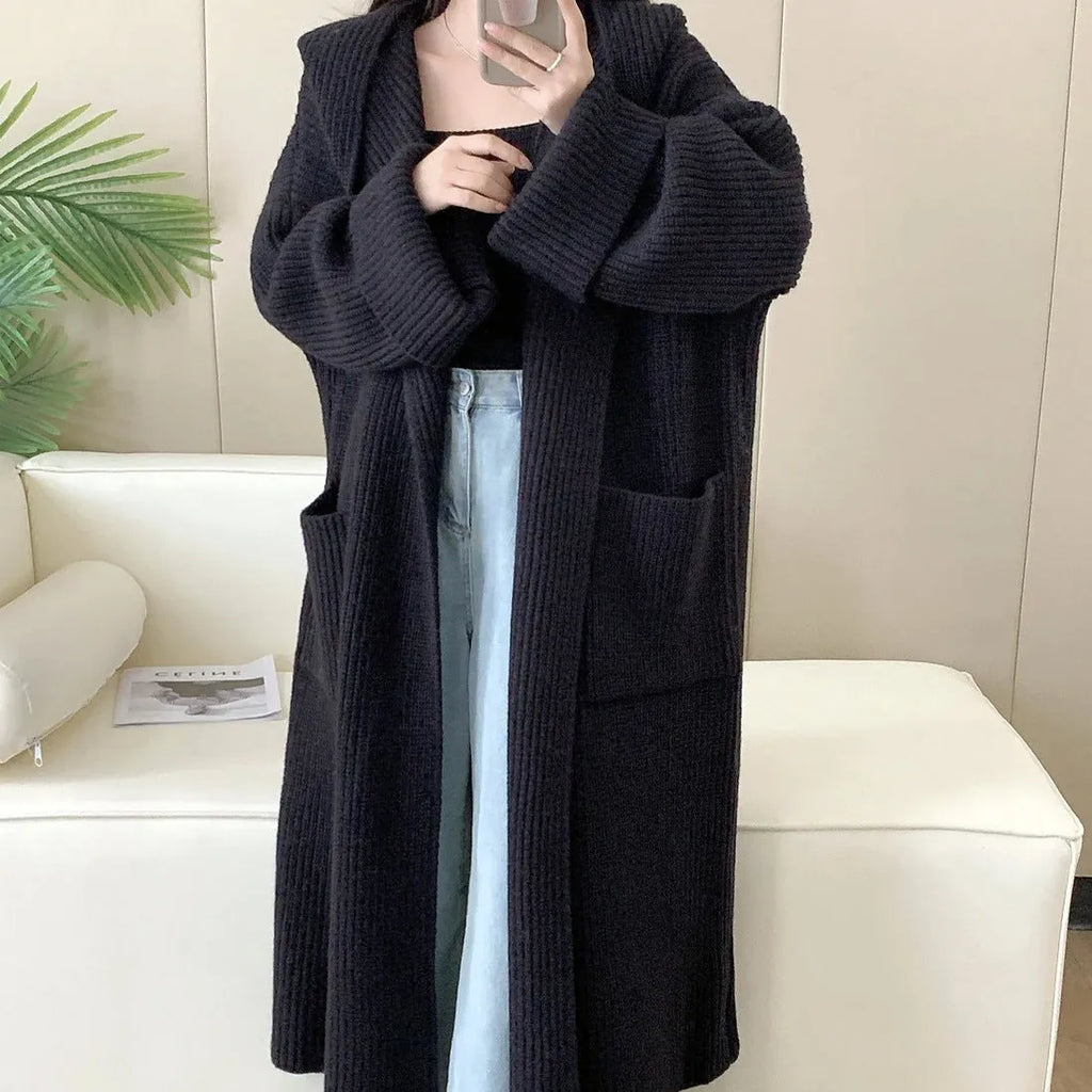 Women's loose hooded sweatshirt cardigan coat in acrylic fabric with extended 80cm length