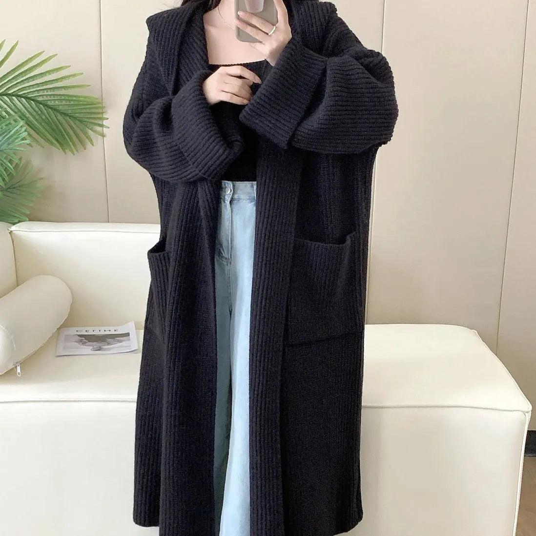 Women's loose hooded sweatshirt cardigan coat in acrylic fabric with extended 80cm length