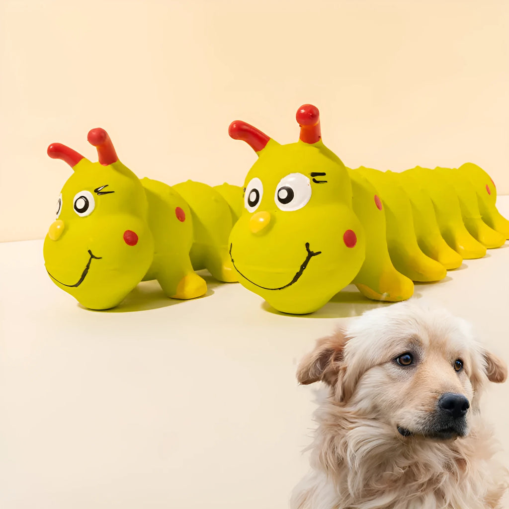 Yellow rubber caterpillar dog chew toy with squeaker for small medium breeds