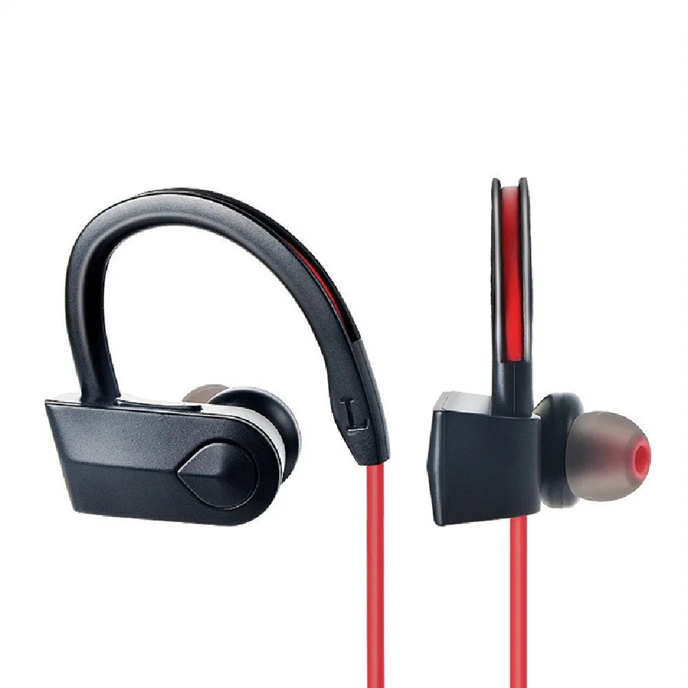 Wireless neckband Bluetooth earphones in black, blue, or red colours showing earbuds and neck mount.