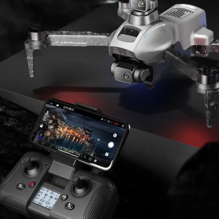 White folding quadcopter drone with 4K camera and obstacle avoidance sensors, shown with remote controller and shoulder bag.