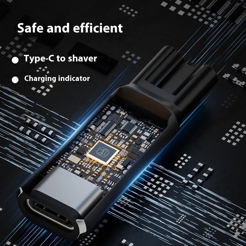 USB C to 4.3V aluminium alloy charging adapter for electric shaver on black or grey background
