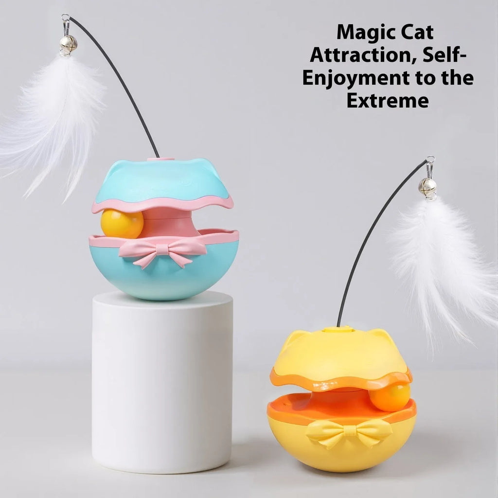 Electric self-tumbling cat teaser wand toy in lemon yellow, sky blue, or soft fog grey.