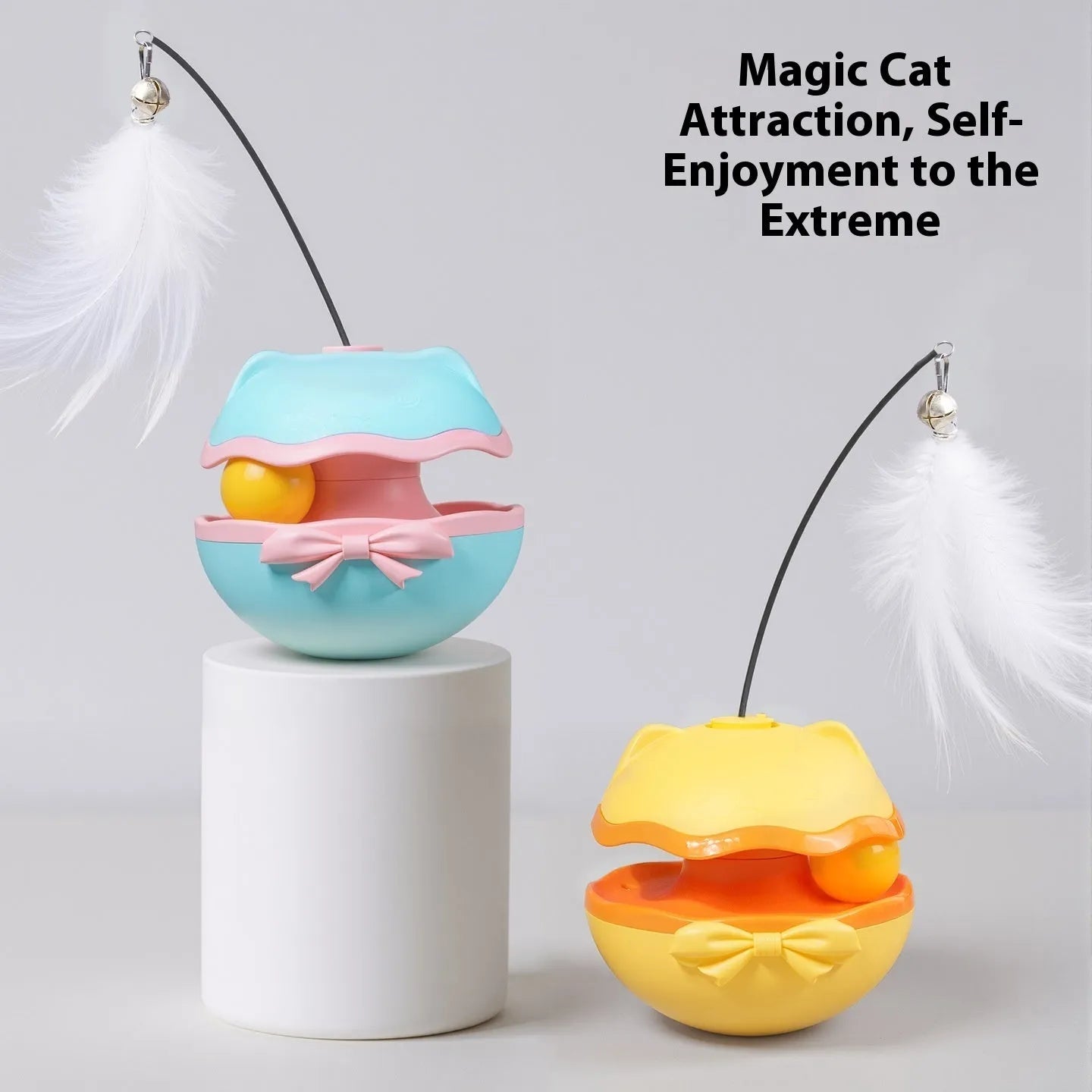 Electric self-tumbling cat teaser wand toy in lemon yellow, sky blue, or soft fog grey.
