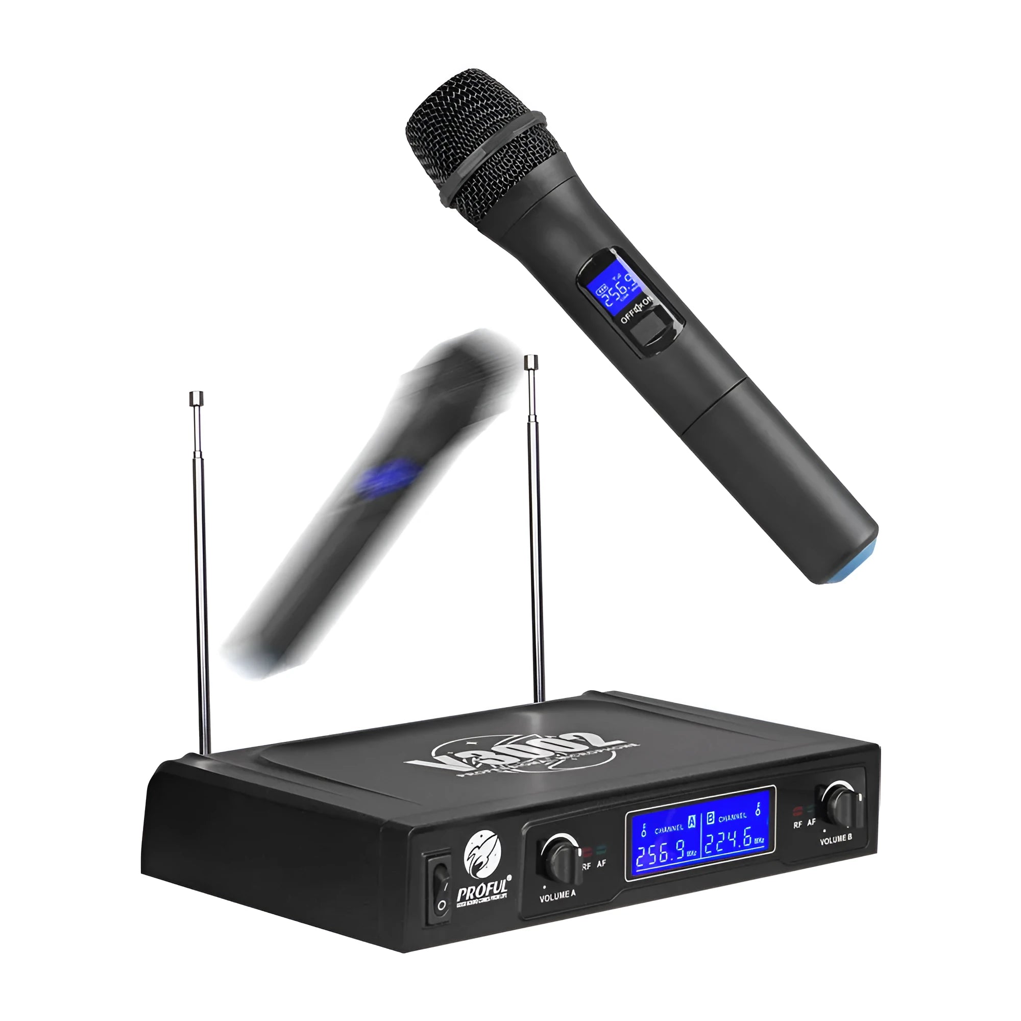V-3002 black dual wireless microphone system with two handheld mics and transmitter unit