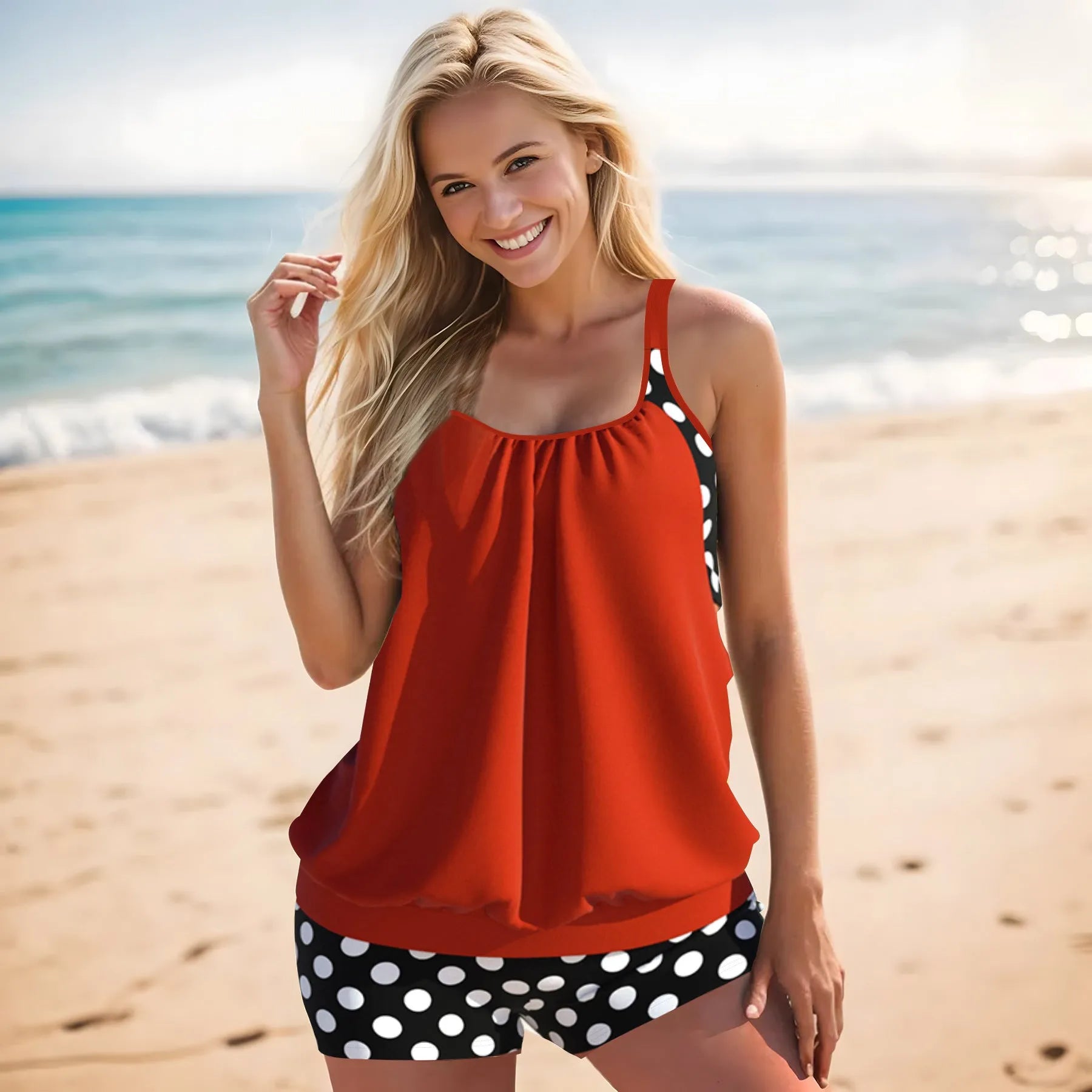 Women's high-waisted polka dot boxer swimsuit top and pants set in polyester
