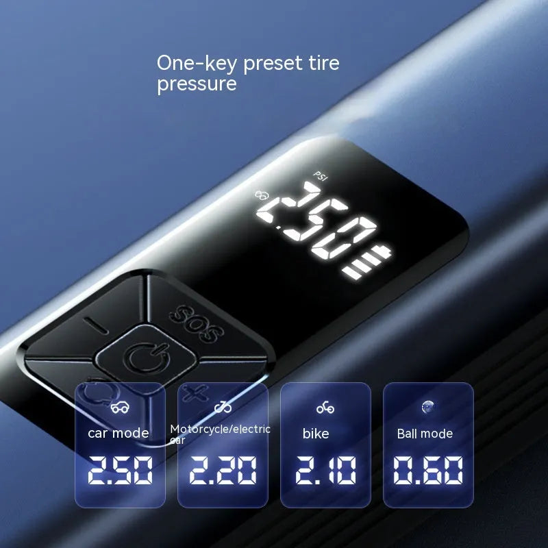 Wireless digital display car air pump and vacuum cleaner with LED light, showing included nozzles and storage bag.