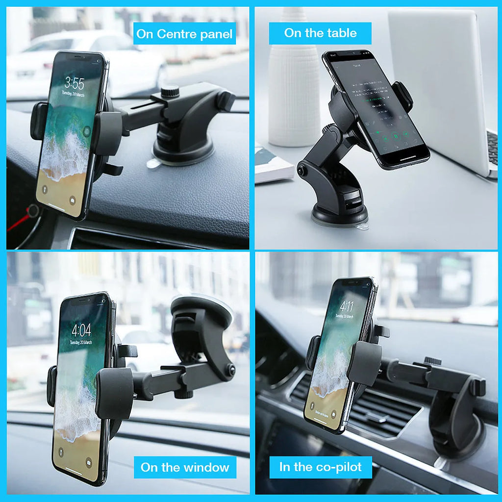 Yellow and black car phone holder with telescopic arm and suction cup mount on dashboard