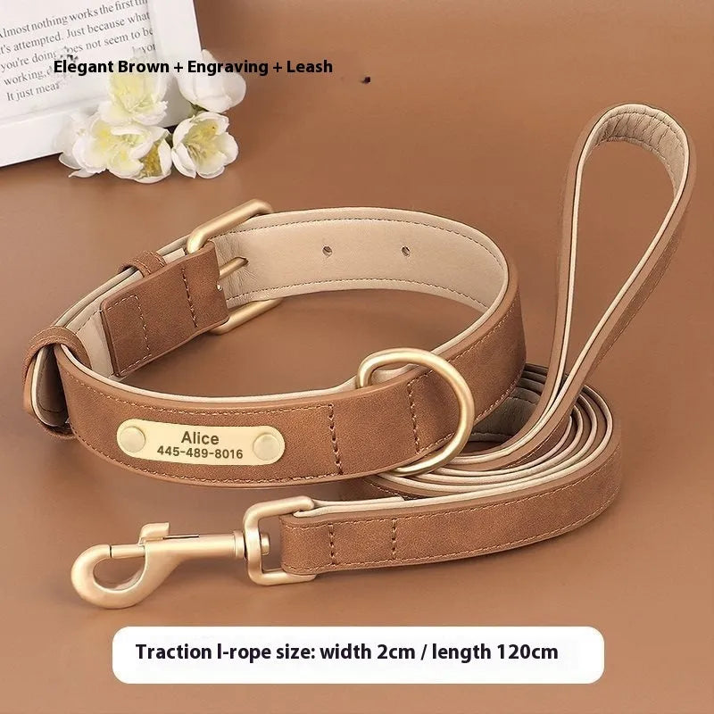 Double-layer leather dog collar and matching lead in rose red, brown, or blue colours