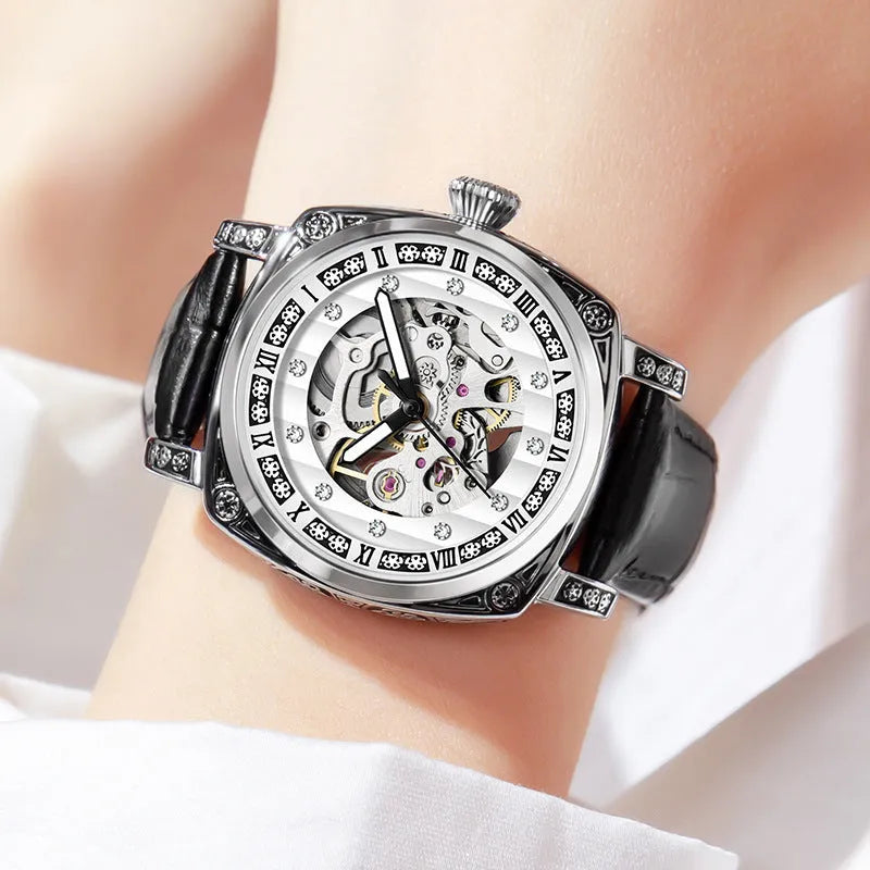 Men's leather strap mechanical watch with luminous hands on a black dial, showing water resistance and classic design.