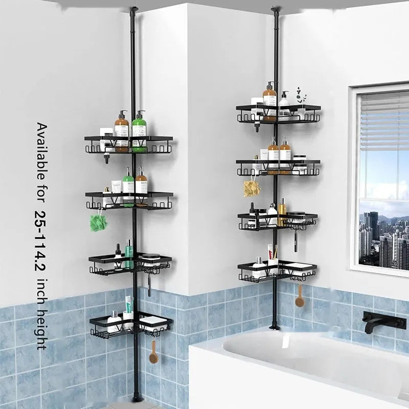 Retractable four-layer bathroom storage rack with stainless steel construction and hole-free installation system