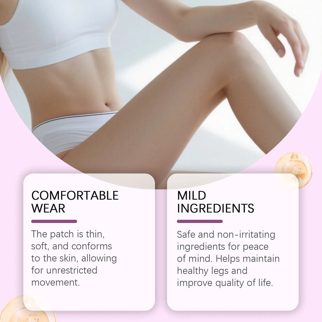 Pack of 12 white leg care patches with plant ingredients for massage.