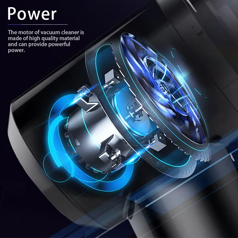 Black and white wireless car vacuum cleaner with 6000PA suction and washable filter cup for vehicle interior cleaning