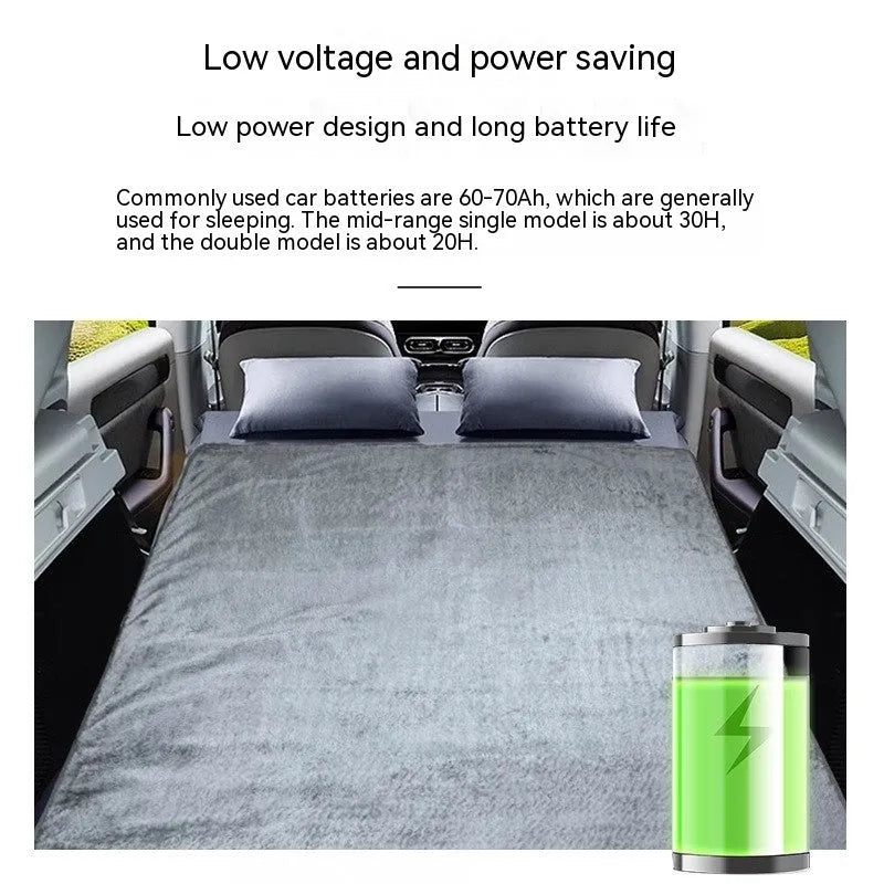 Grey 12V car electric blanket with cigarette lighter plug, shown in single and double size options with temperature control