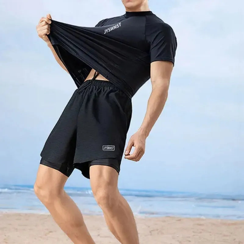 Men's patterned polyester swimsuit set showing top and swimming trunks, available in plus sizes.