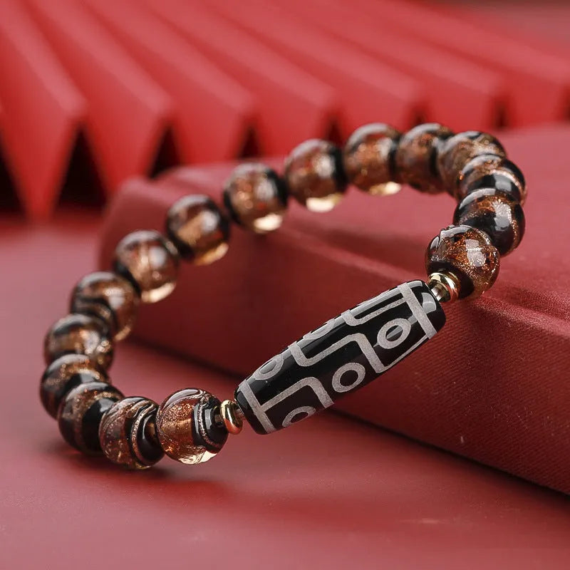 Chinese style bracelet with colourful glaze beads and a central snake charm, showing 10mm bead size option.