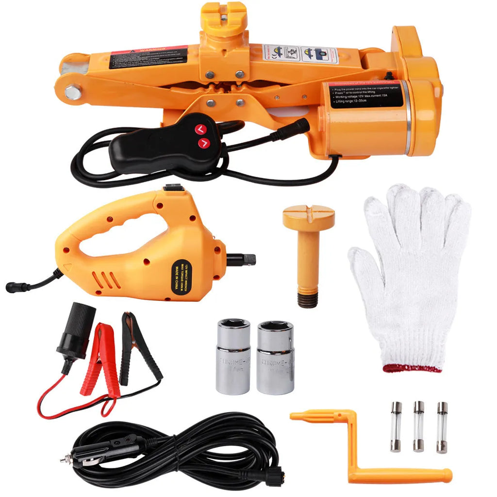 Yellow car electric jack set with electric wrench for vehicle tyre changes