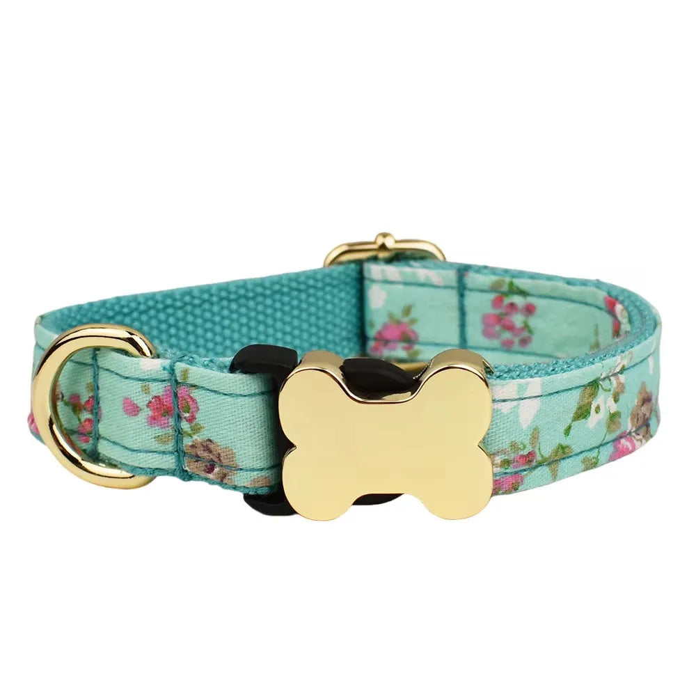 Flat nylon dog collar with bone buckle and printed grid design in multiple colour options.