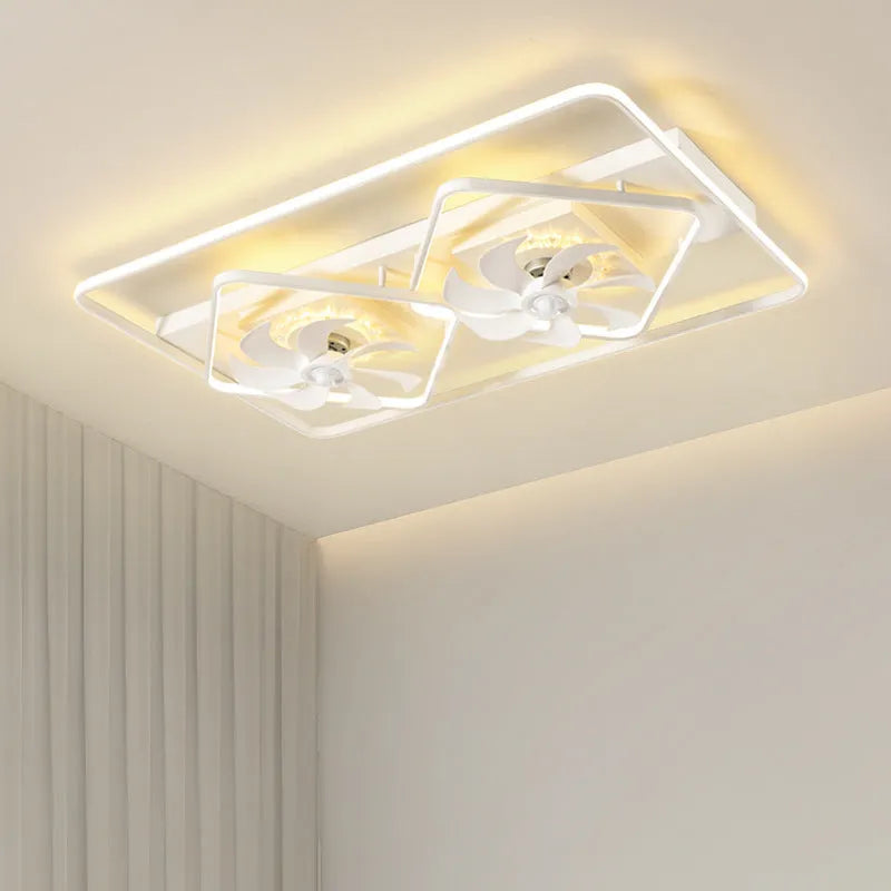 Thin suction ceiling fan lamp with acrylic shade and plastic blades, 1100x700mm dimensions