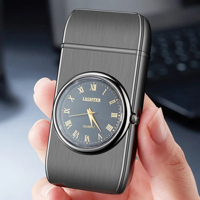 Metal electronic watch lighter with wind-resistant flame, LED light, and multiple finish options