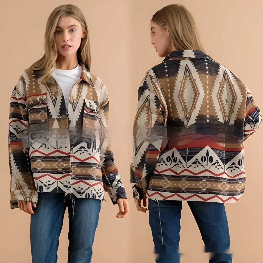 Women's Aztec printed retro jacket in wool blend fabric with loose fit construction