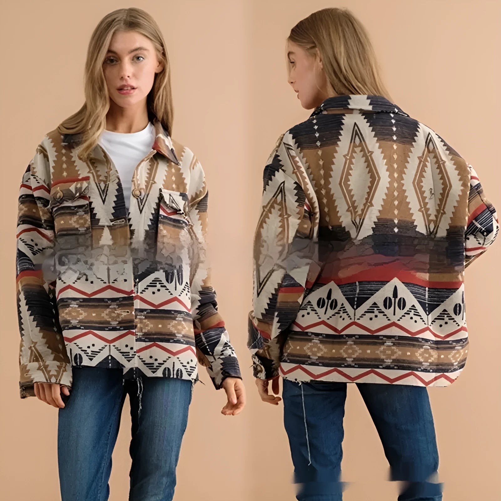 Women's Aztec printed retro jacket in wool blend fabric with loose fit construction