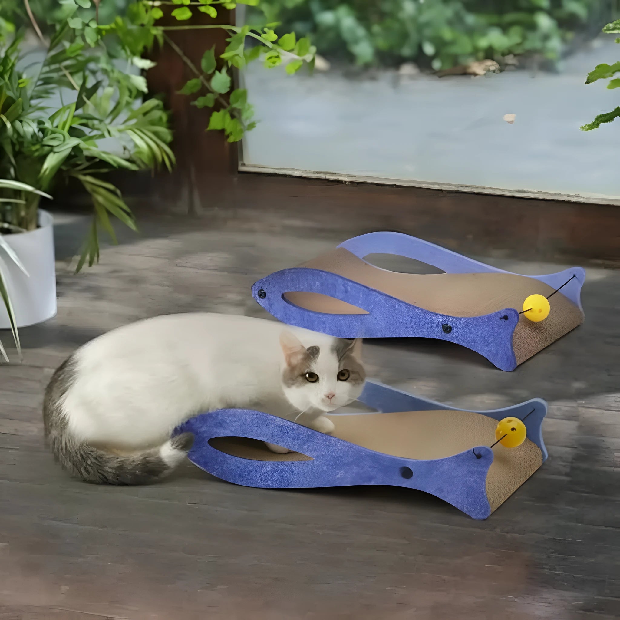 Blue fish-shaped cardboard cat scratcher pad with bell ball toys for indoor furniture protection