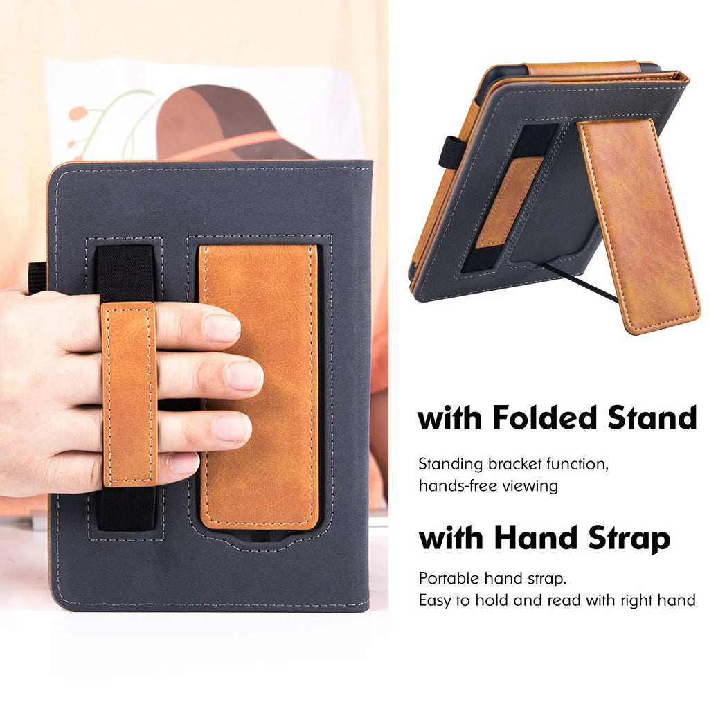 Brown calfskin leather case with wrist strap for Kindle Paperwhite 11 e-reader.