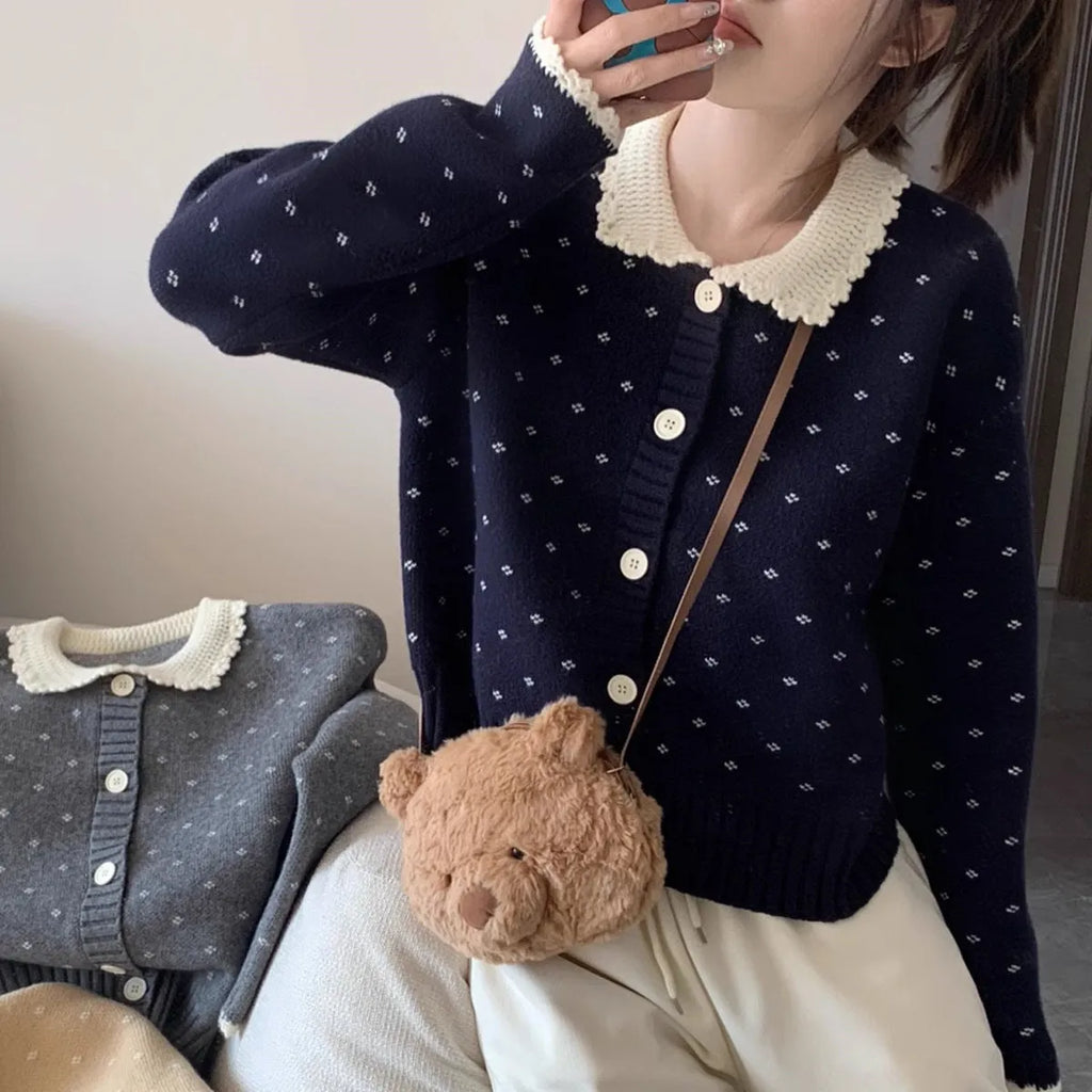 Women's knitted cardigan coat with Peter Pan collar in navy blue, apricot, or grey colours