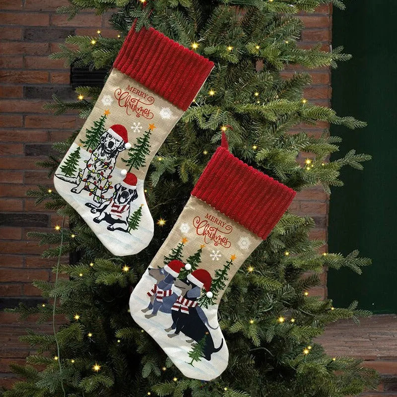 Cloth Christmas gift bag pendant hanging from fireplace measuring 46x28cm in holiday decor setting