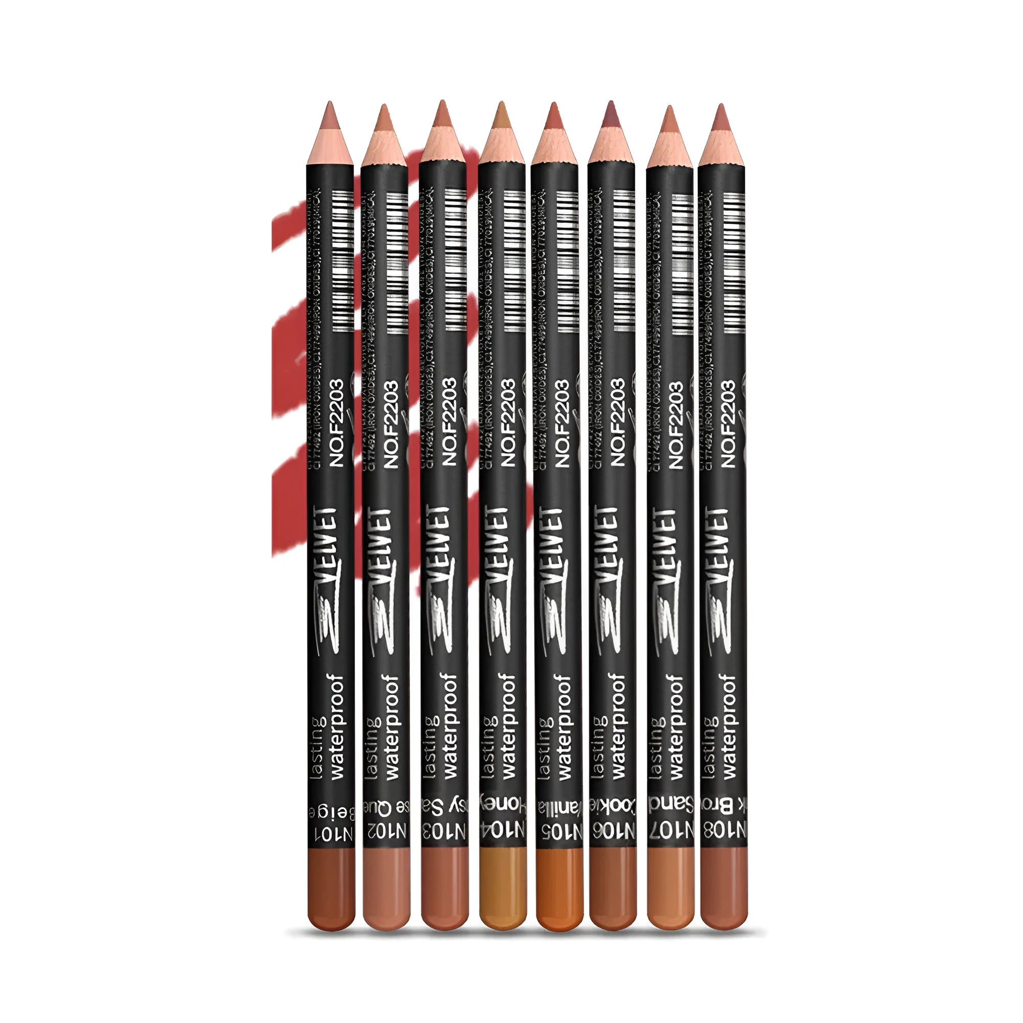 Matte finish lip liner pencil in wood-toned shades with water-resistant 24-hour formula