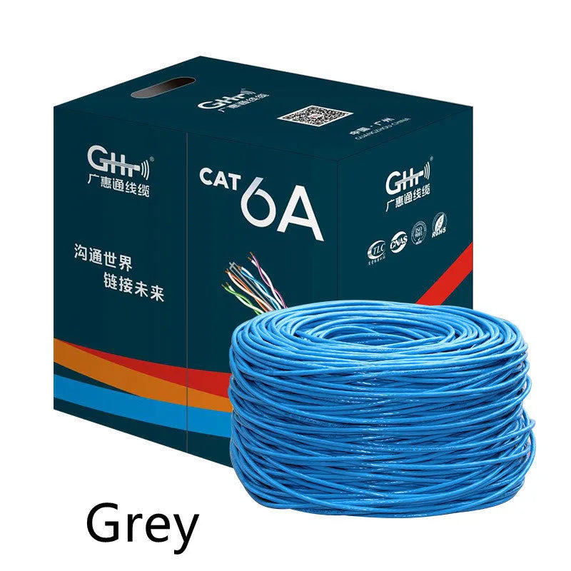 305 metre box of blue Cat6 oxygen-free copper network cable with gigabit and 10GB/S speed labelling