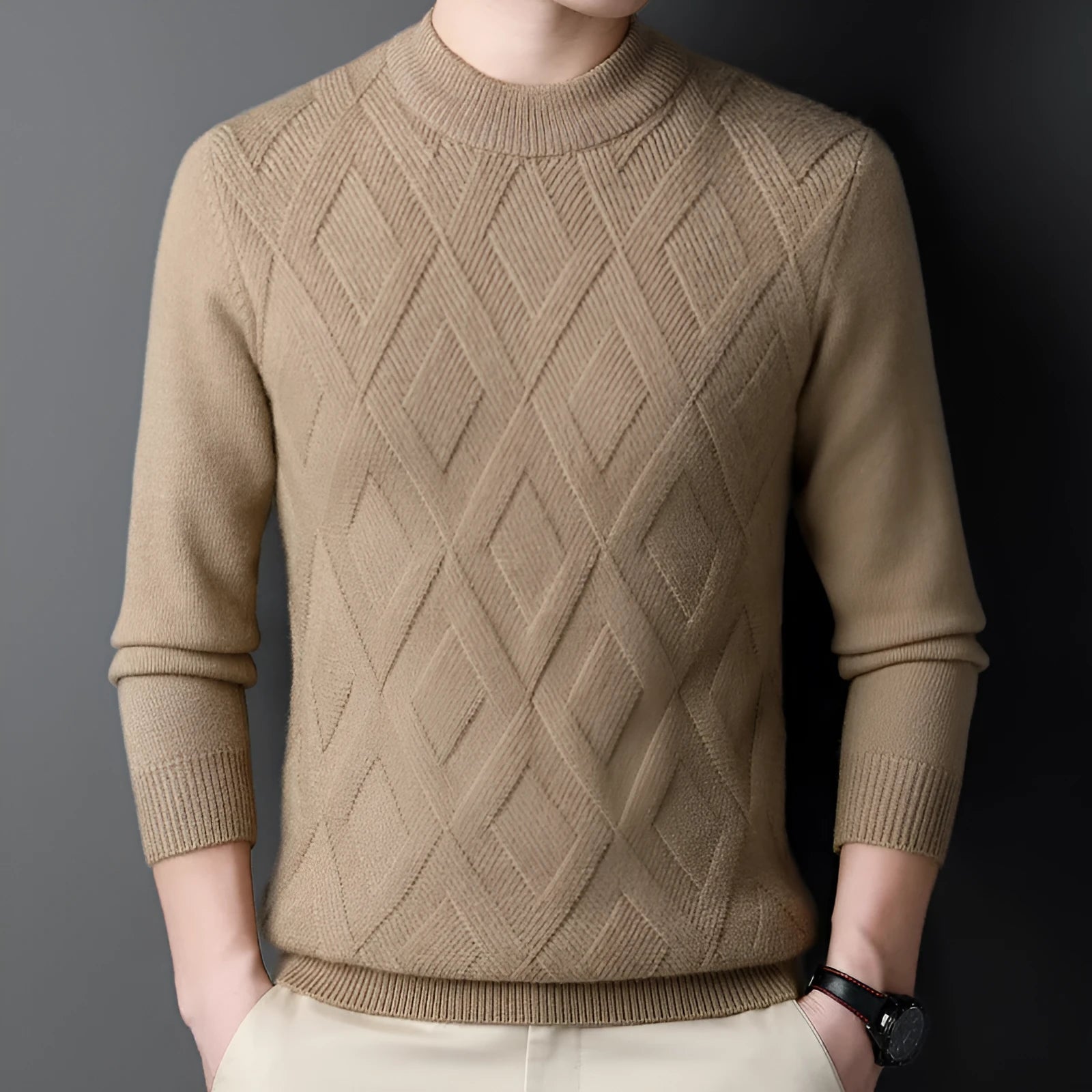 Men's diamond jacquard knit winter pullover sweater in a wool and polyester blend.