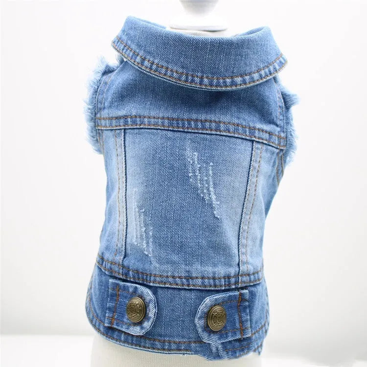 Denim dog vest with retro scratch pattern in dark wash for small breed wear