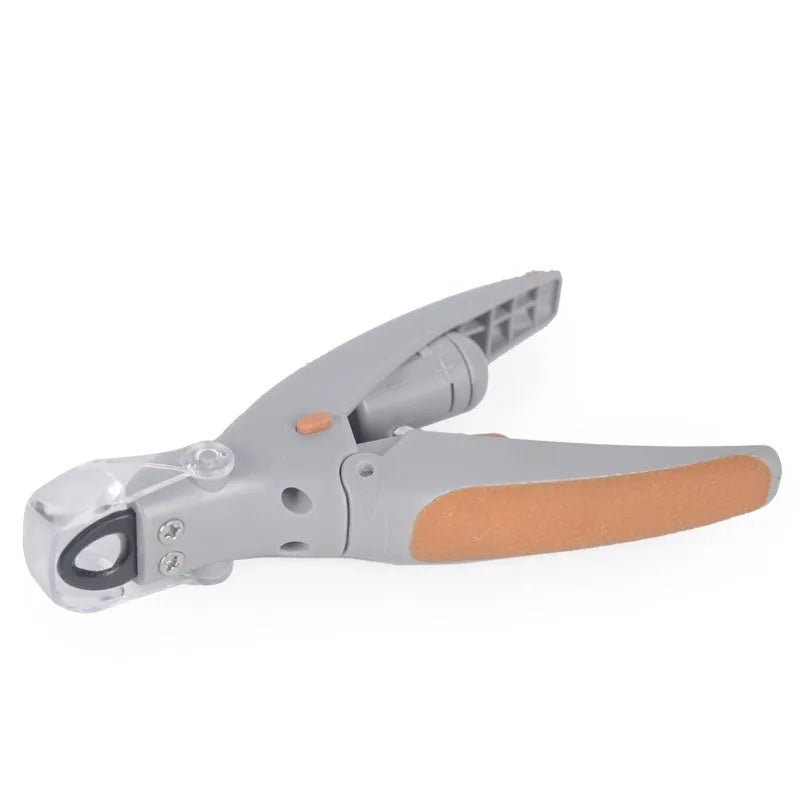 White ABS plastic dog nail clipper with LED light and red imitation blood line guide.