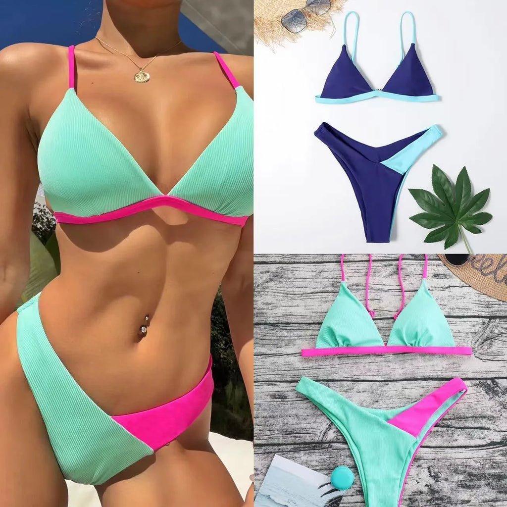 Women's patterned nylon swimsuit briefs bikini set with matching bra in European American style