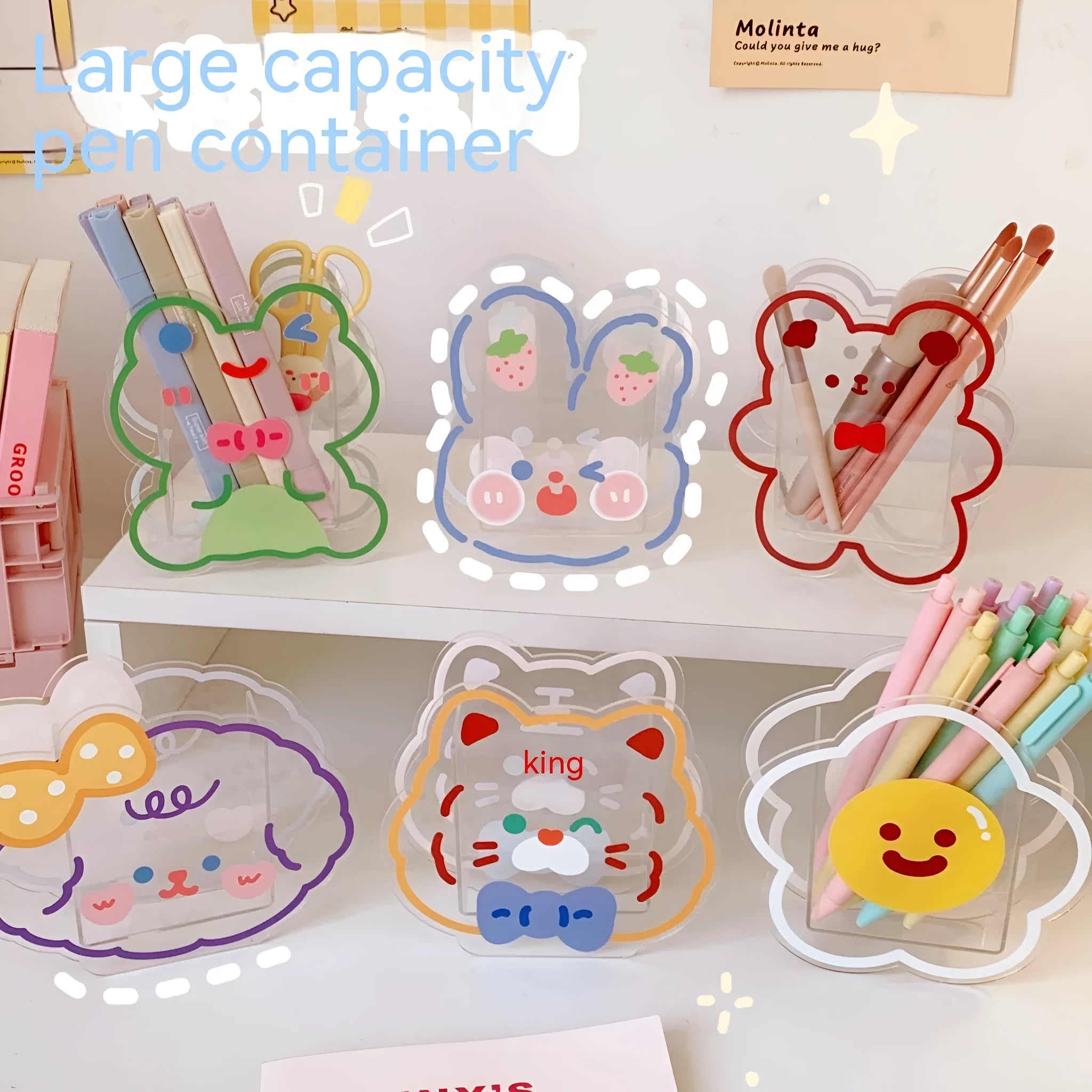 Clear square acrylic desk storage box with a choice of creative designs like strawberry rabbit and bow tie frog.