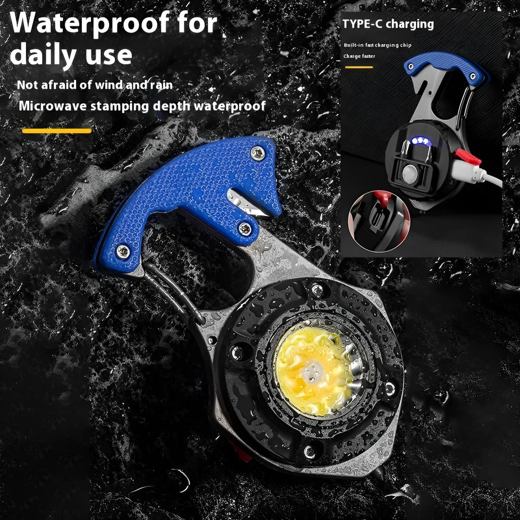Compact silver and black multifunction keychain torch with window breaker tip and seven LED light modes.