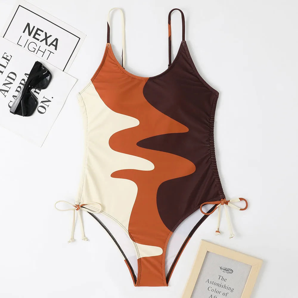 Blue women's sleeveless one-piece swimsuit for swimming sports on a mannequin.