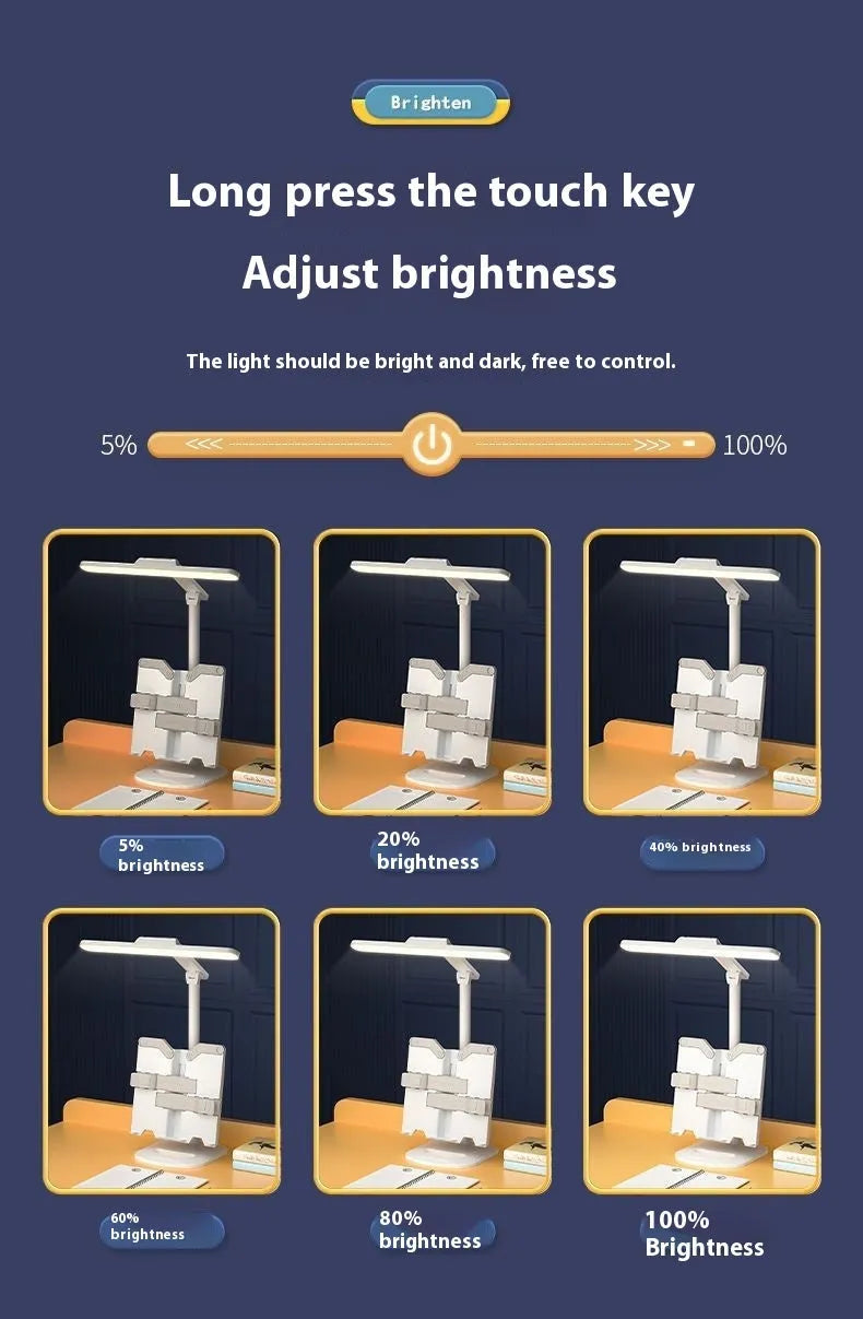 Adjustable desk lamp with integrated bookshelf showing three colour temperature settings and USB charging port