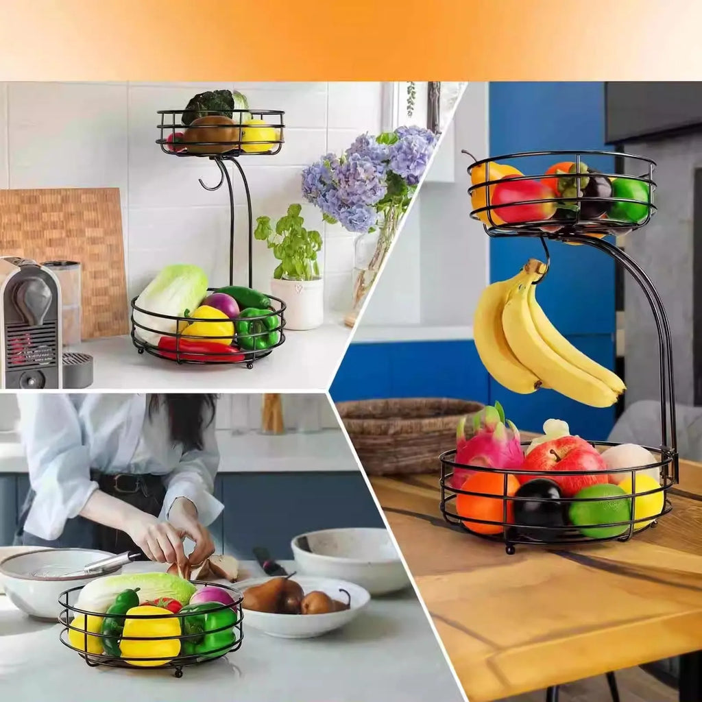 Black wrought iron double-layer fruit basket with two storage tiers for organising fruits and vegetables