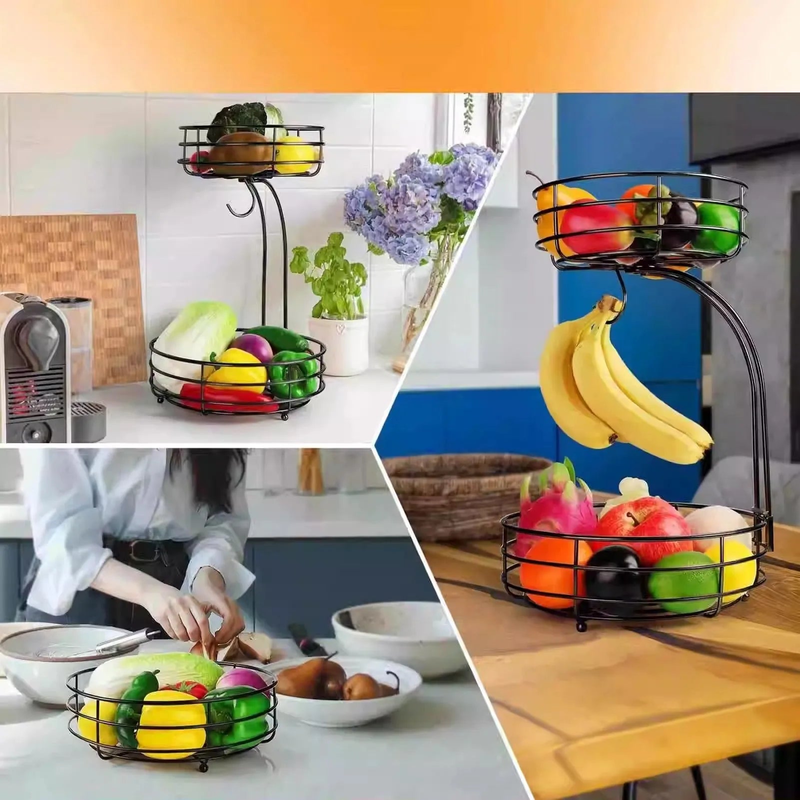 Black wrought iron double-layer fruit basket with two storage tiers for organising fruits and vegetables