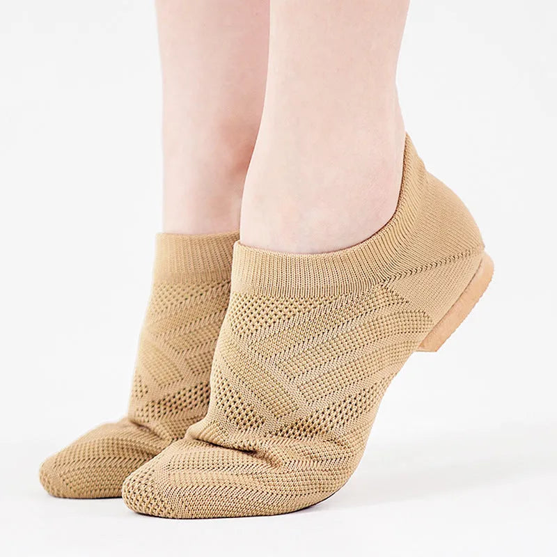 Camel coloured Latin dance shoes with cotton mesh upper and leather sole.