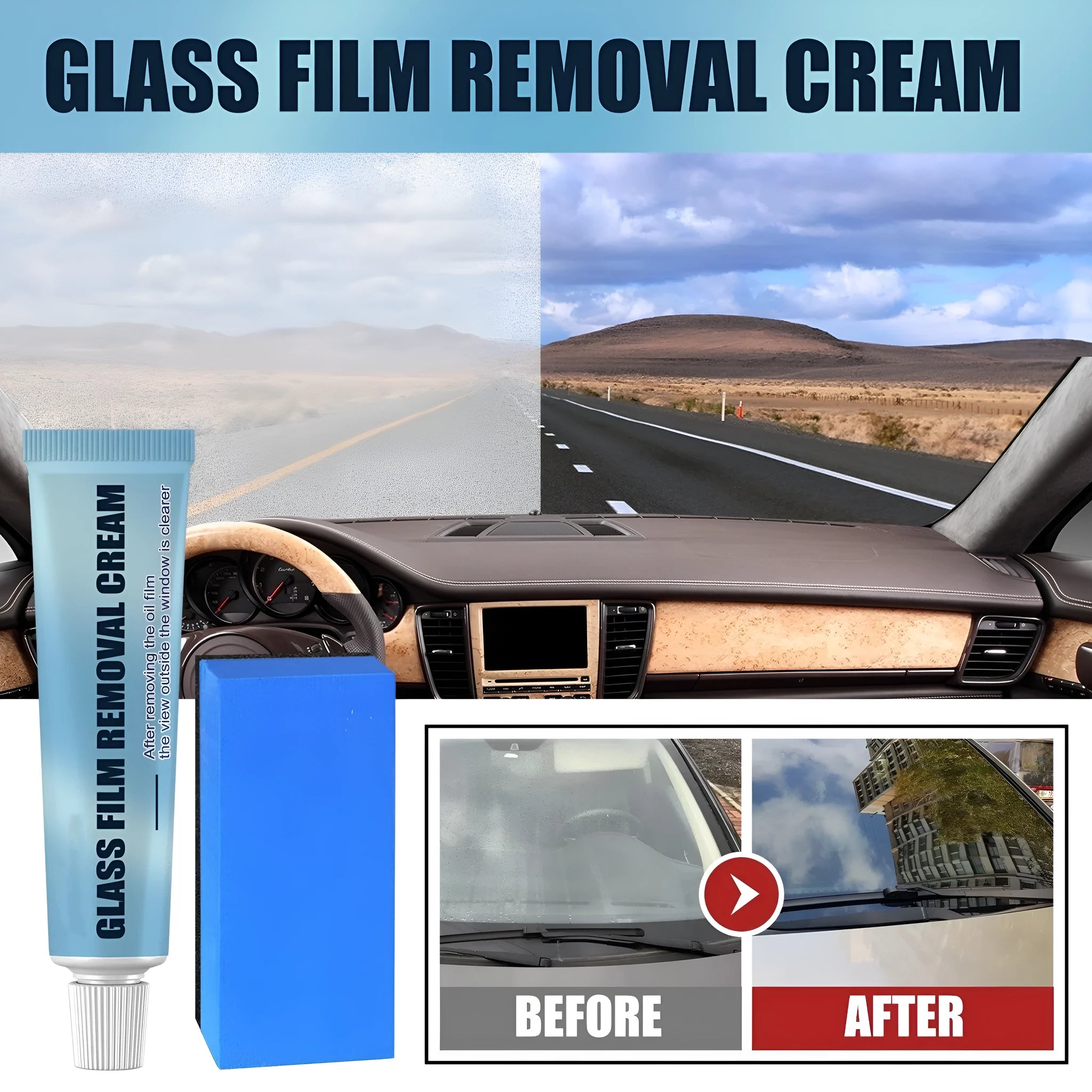 Blue car glass oil film remover with sponge applicator for windshield decontamination