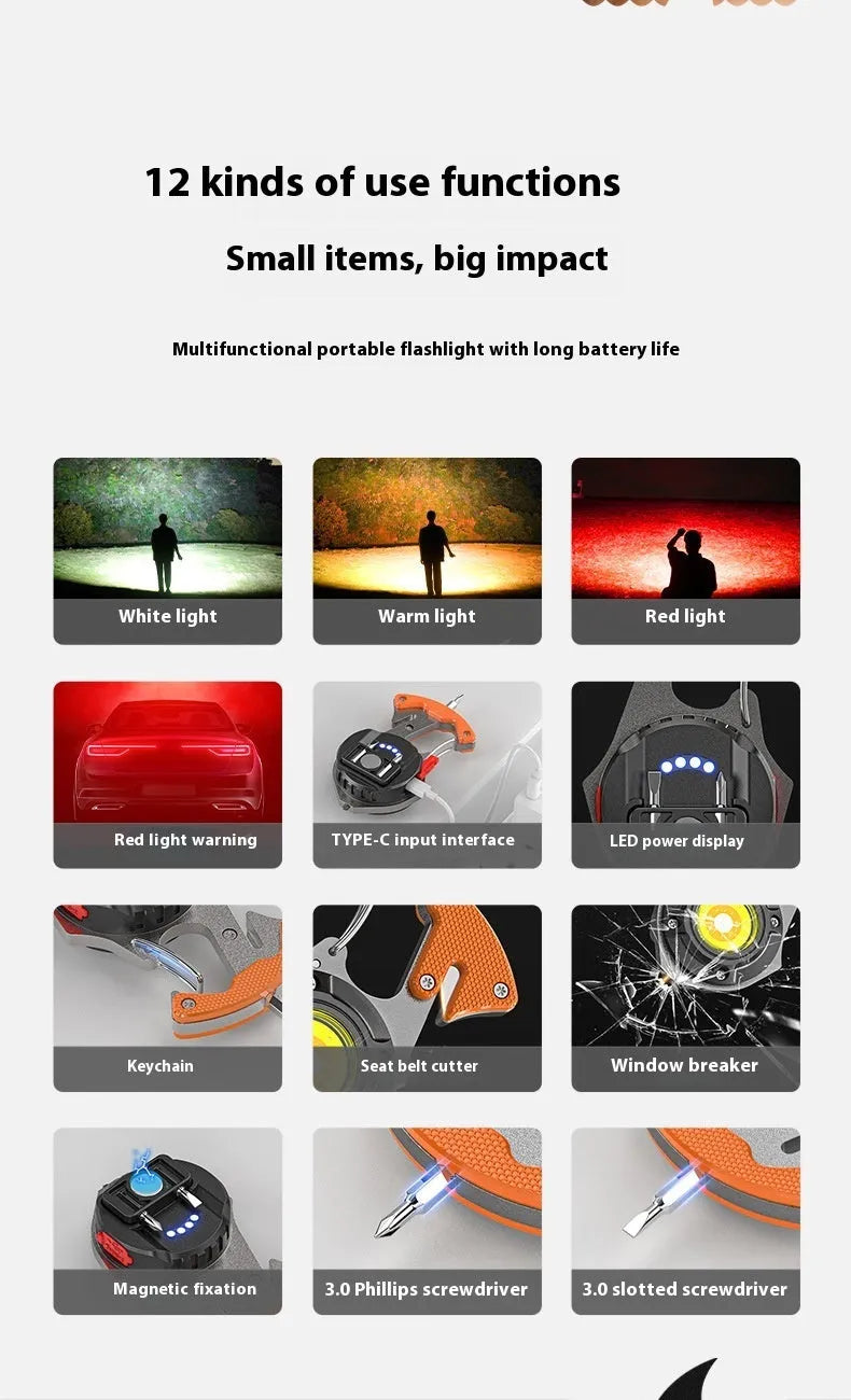 Compact silver and black multifunction keychain torch with window breaker tip and seven LED light modes.