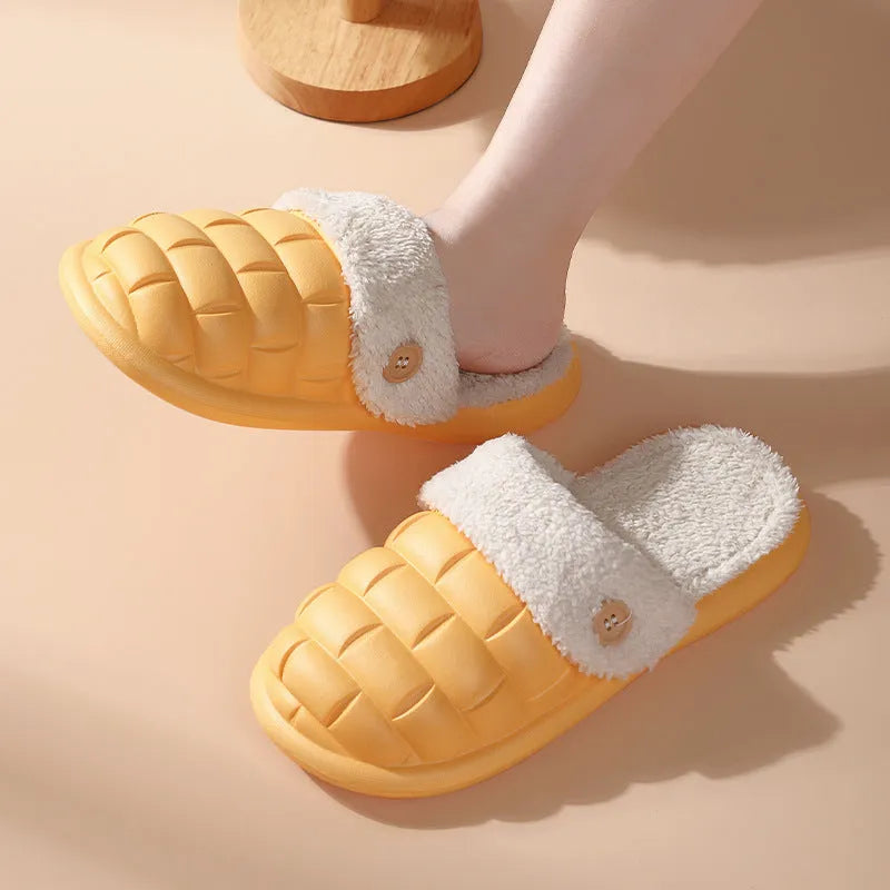 Plaid patterned detachable EVA slippers for women with plush lining and anti-skid sole.