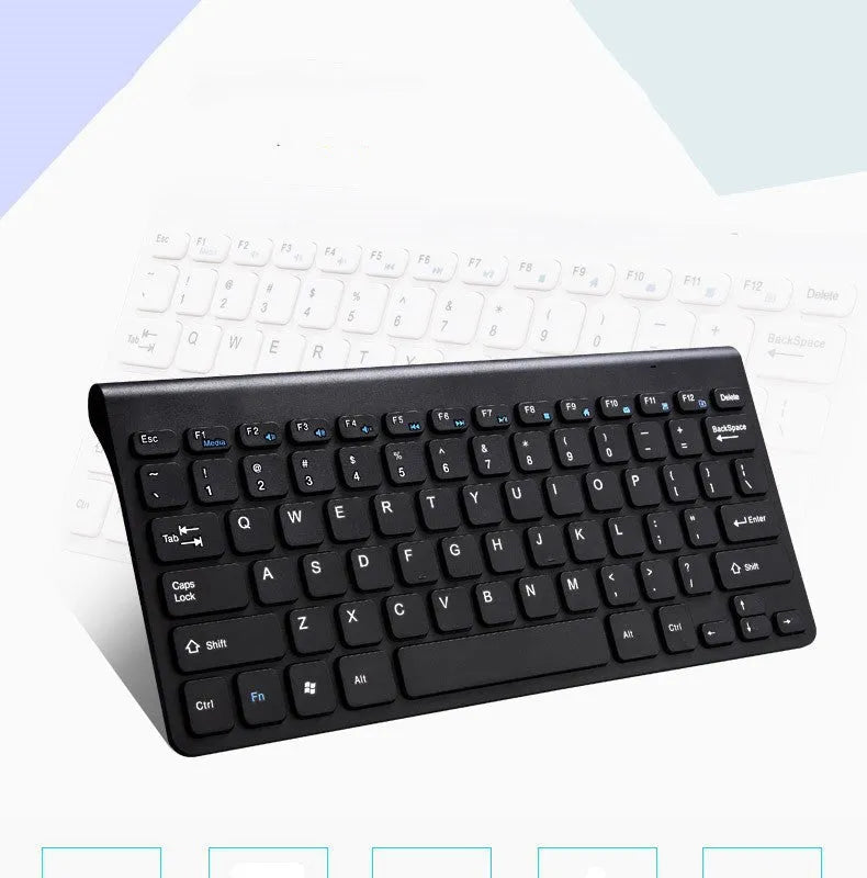 Black wireless keyboard and mouse set with 78 keys and 4 buttons on wooden desk