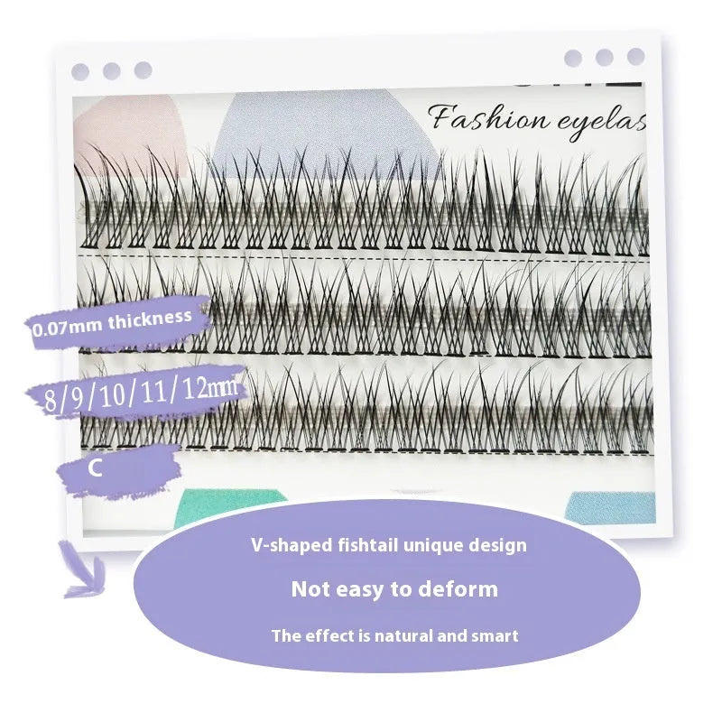 Black V-shaped fairy fishtail false eyelashes showing thick segment design on a clear band.